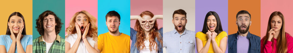 color psychology Diverse Multiethnic People Grimacing Expressing Series Of Different Negative And Positive Emotions While Posing Over Colorful Backgrounds, Human Mood Swings Concept, Creative Collage, Panorama